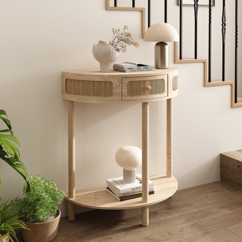Cantina 31"W Half Round Solid Wood Console Table,Authentic Rattan Half Moon Accent Table, Natural