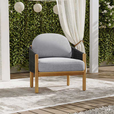 Outdoor Patio Club Chair, Wooden Dark Gray Rope With Gray Cushion