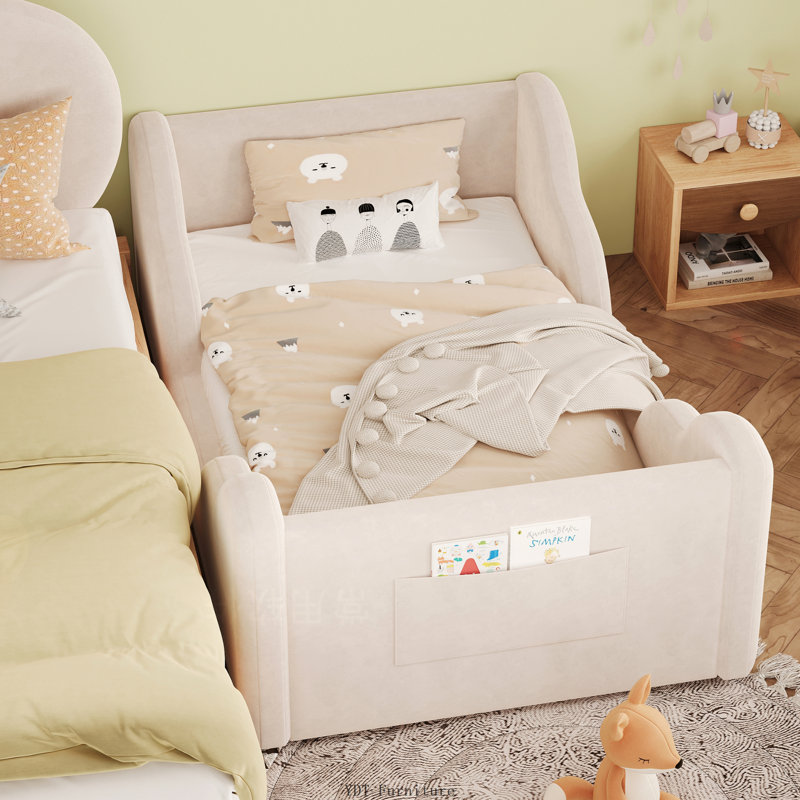 Lit de tout-petit pour enfant avec sac de rangement, lit de bébé rembourré de sécurité pour 1-6 ans, beige