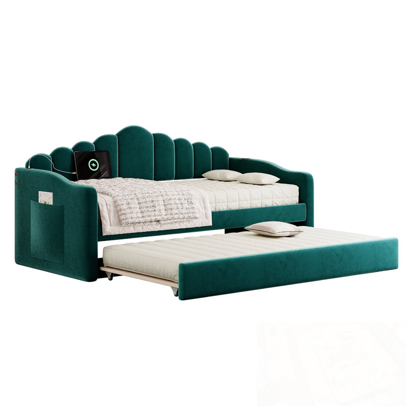 Twin Size Velvet Upholstered Daybed With Trundle And USB Charging Ports, Green