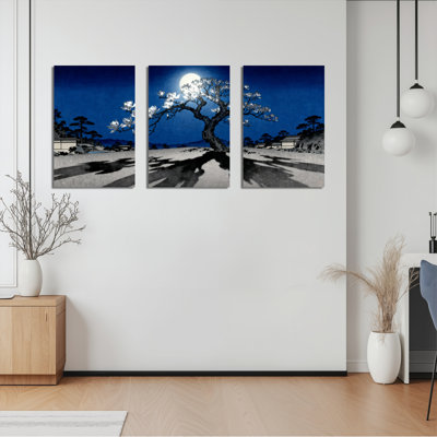 Moonlit Cherry Blossom Tree Canvas Wrapped Wall Art Oil Painting Print Set of 3 for Living Room Bedroom Home Decor