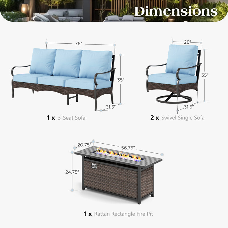 Ensemble de conversation pour patio 5 personnes avec chaises longues pivotantes, 5 Pcs: Fire Pit, 2 Chairs, Sofa, Table, Bleu