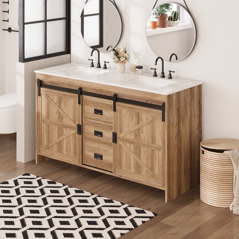  60" Farmhouse Double Bathroom Vanity With Engineered Stone Top, Sliding Barn Door Sink Vanity