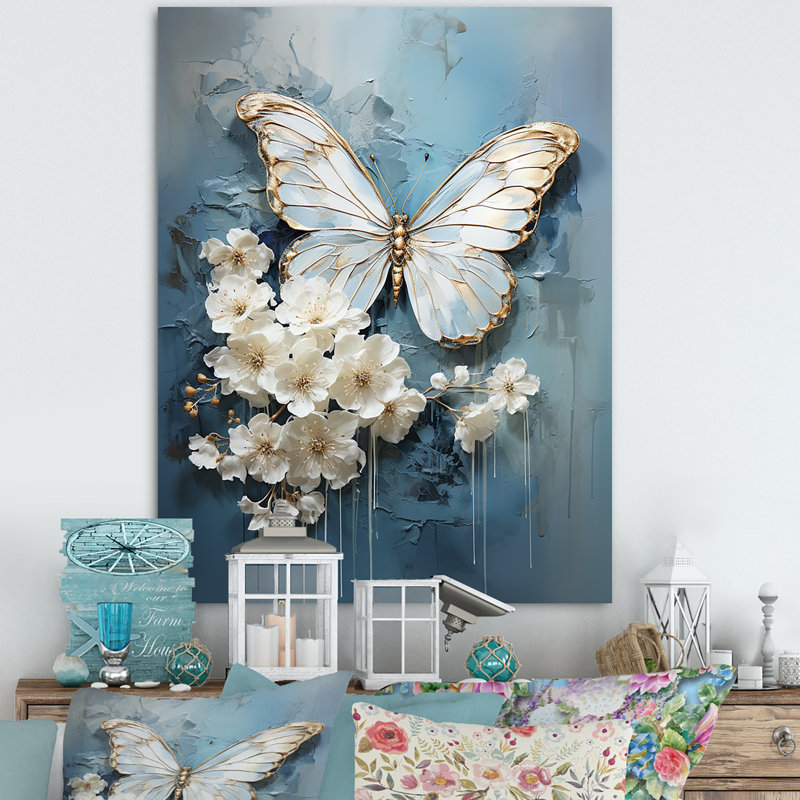 «Butterfly Ethereal Blues Form Abstract Elegance I», art mural papillon, Toile tendue, H 40 po x l 30 po x P 1,5 po