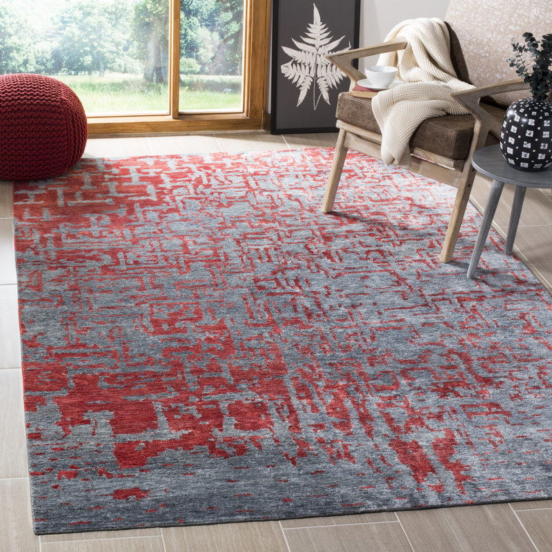 Tapis tibétain en viscose / coton noué à la main gris / rouge, Rectangle 10 pi x 14 pi