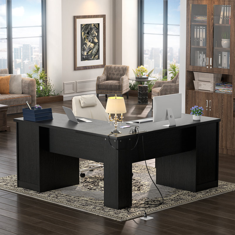 Detcho L-Shaped Executive Desk with Built-In Electrical Outlet, Black