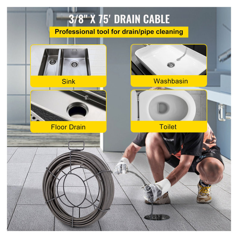 75 Ft. x 3/8 In. Solid Core Drain Auger Cable with Storage Drum & Cutter Kit - Heavy Duty Sewer Snake for Pipe Clog Removal