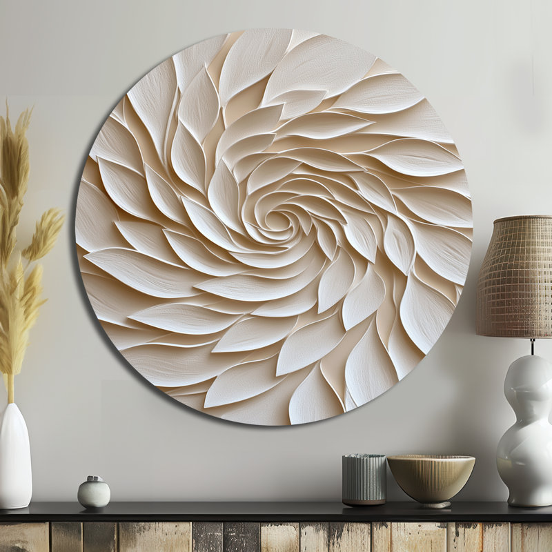 White Cream Floral Spiral - Abstract Floral Round Wall Art, Modern Botanicals Round Metal Wall Art, 36" H x 36" W