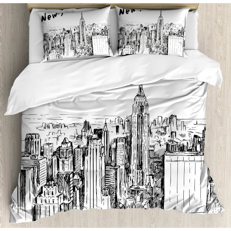 Urban Sketch Charcoal Gray and White Queen Duvet Cover Set