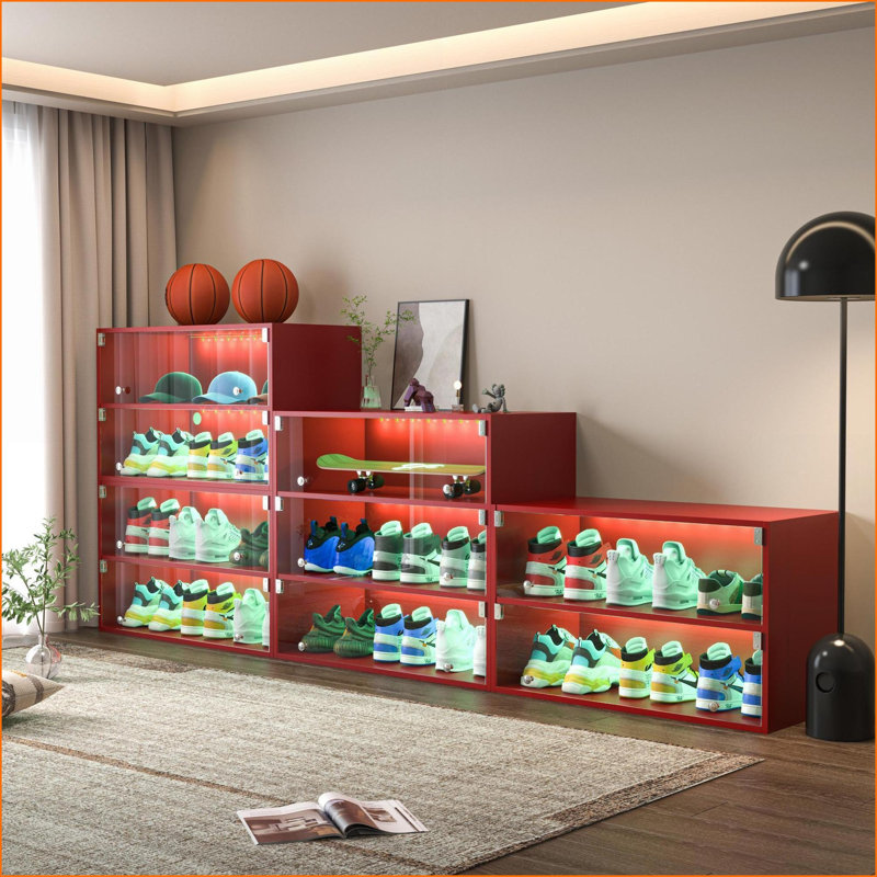 Shoe Storage Cabinet with RGB LED Lights, Sliding Glass Doors, Stores 6 Sneakers | Crimson Red | Contemporary, Red