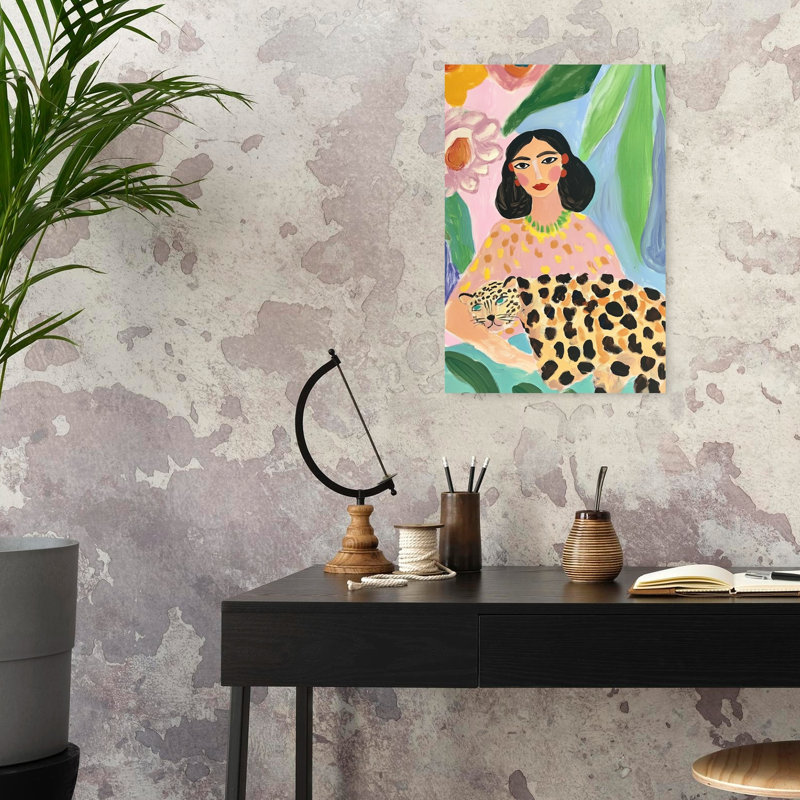 Tropical Woman And Leopard Colorful Modern Vibrant Cat Animal Nature Wall Art Print by Mathieu - Wrapped Canvas Print