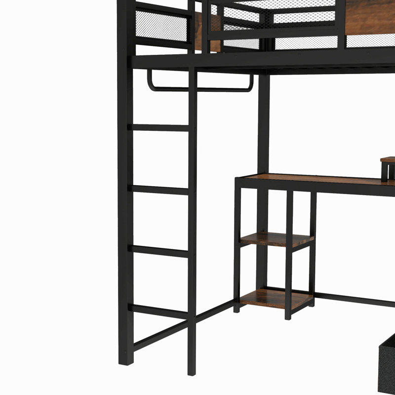 Grand lit mezzanine avec bureau et tiroirs de rangement en tissu non tissé, structure de lit mezzanine en métal avec échelles