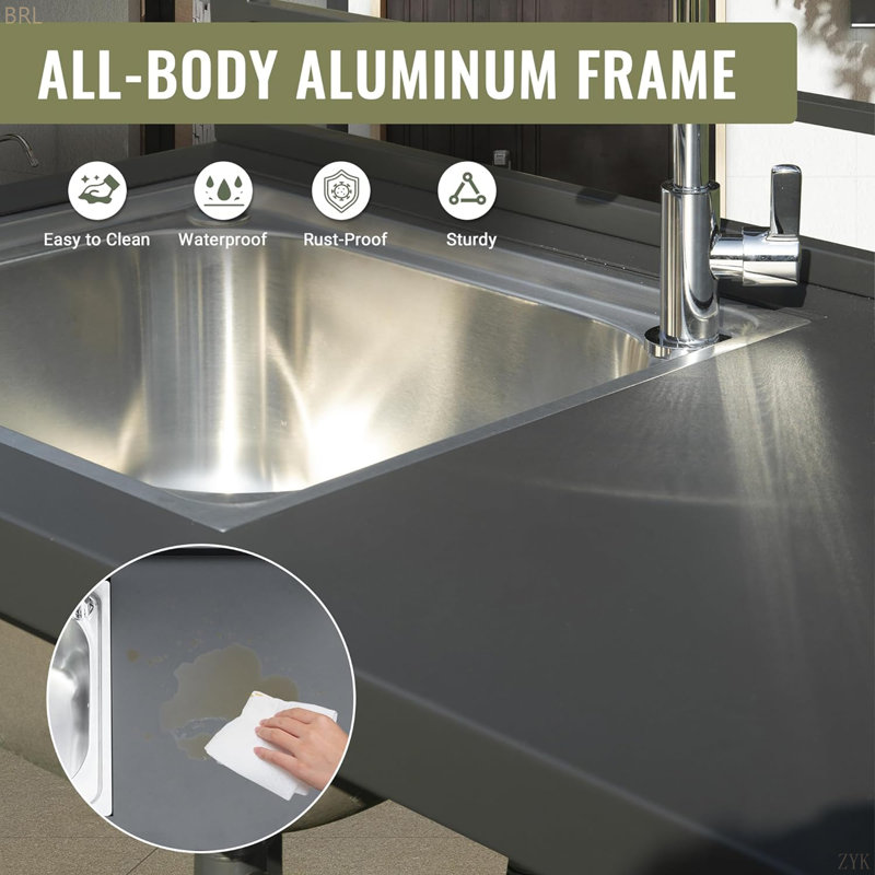 Outdoor Kitchen Island With Storage, Aluminum Kitchen Storage Island Stainless Steel Outdoor Sink W/Faucet & Drainboard, Freestanding Storage Shelves With Protective Cover Indoor Outdoor