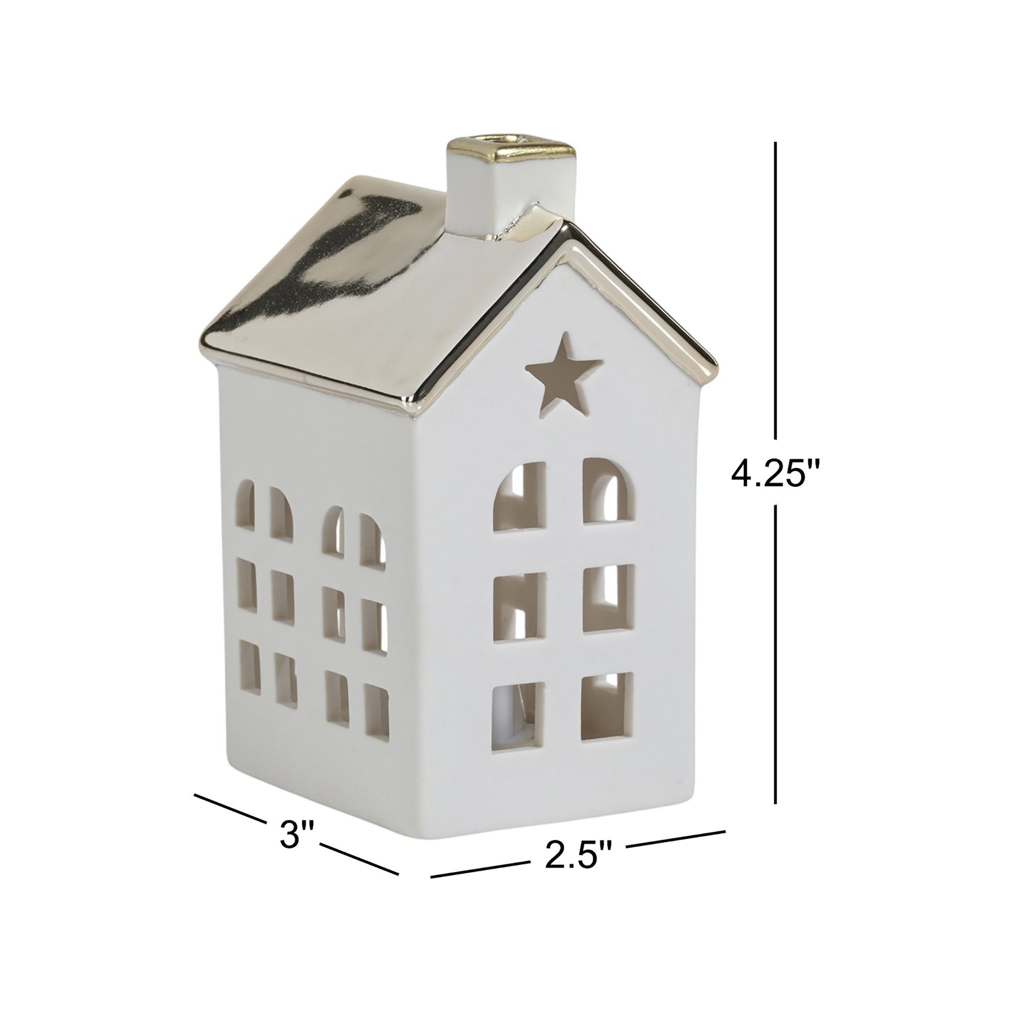 Lilou 2-Piece Set Porcelain LED House with Roof, 4.25" H x 3" W x 2.5" D, Gold/White