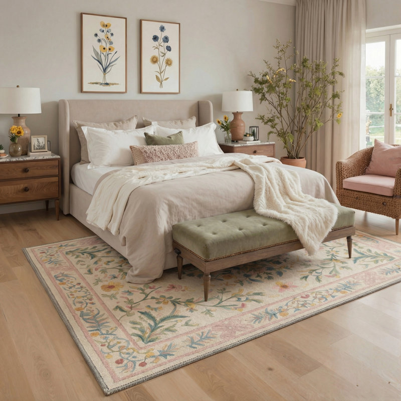 Tapis vintage à motifs floraux botaniques, lavable à la machine, vert ivoire, rose poudré, antidérapant, pour salon ou chambre.