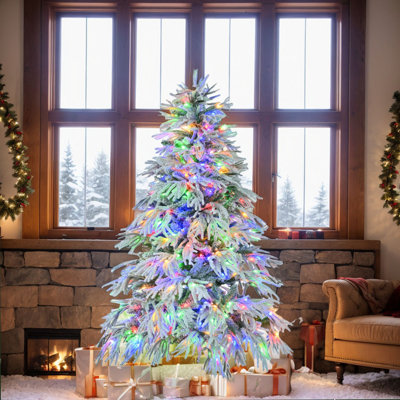6FT Pre-Lit Flocked Christmas Tree, Artificial Hinged Xmas Tree With Multi-Color Lights, 8 Flashing Modes