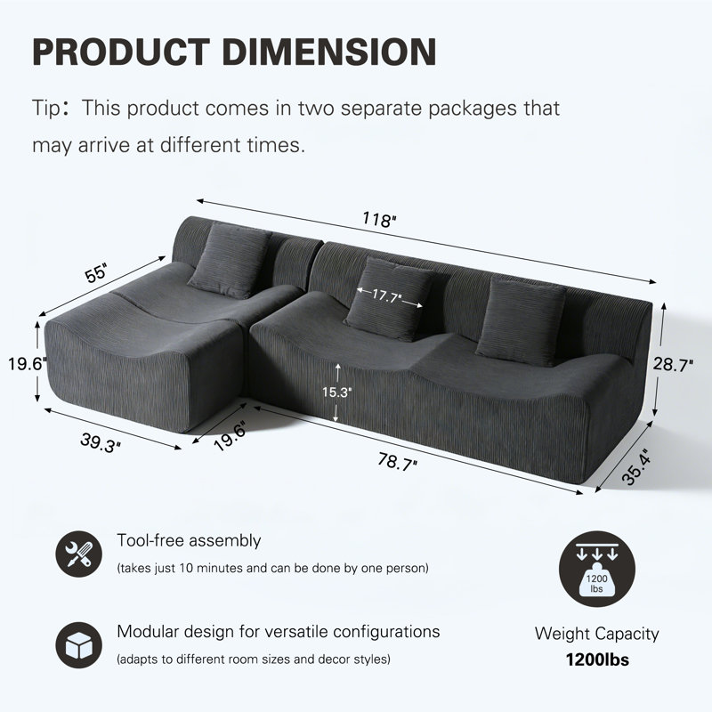 Canapé modulaire en Corduroy avec méridienne réversible, 3 coussins décoratifs inclus, aucun assemblage requis, canapé en L pour le salon