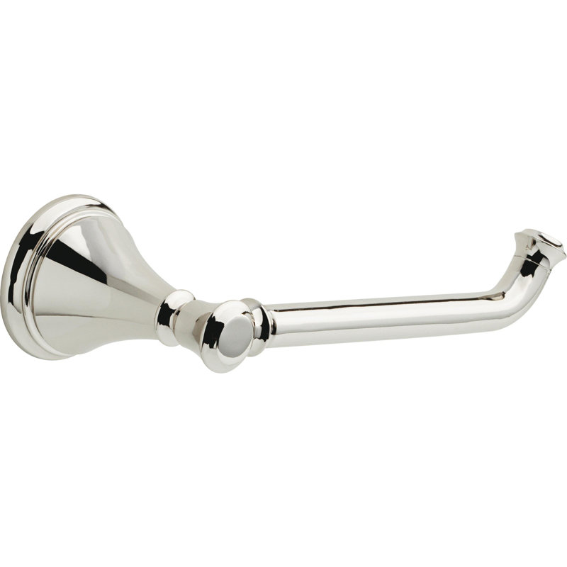 Toilet paper holder in polished chrome with a single-post wall mount and curved arm.