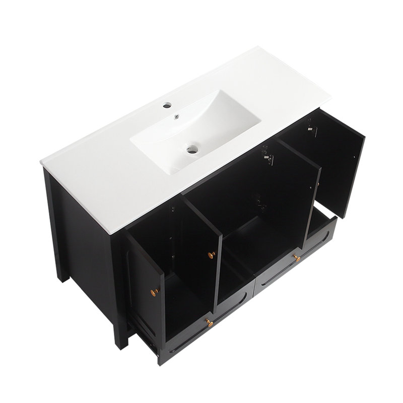 Ensemble de meuble-lavabo avec lavabo en résine, 4 portes à fermeture douce et 2 tiroirs, Noir