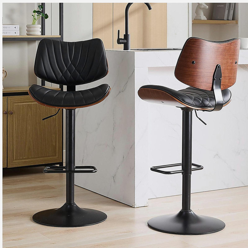 Tabouret de bar de style Mid-Century de style moderne, tabouret de bar rotatif à 360 ° recouvert de cuir réglable en hauteur, convient pour îlot de cuisine / restaurant / café, ensemble de 2