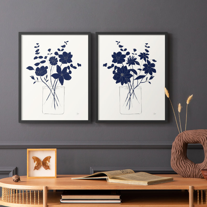 Indigo croquis I - impression encadrée de qualité supérieure - prête à être accrochée - aucun clou requis - aucun clou requis