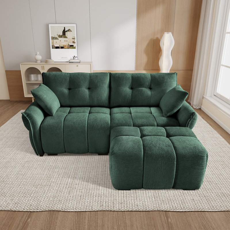 Chenille Upholstered 2-Seater Sectional Sofa With Ottoman, Green Chenille