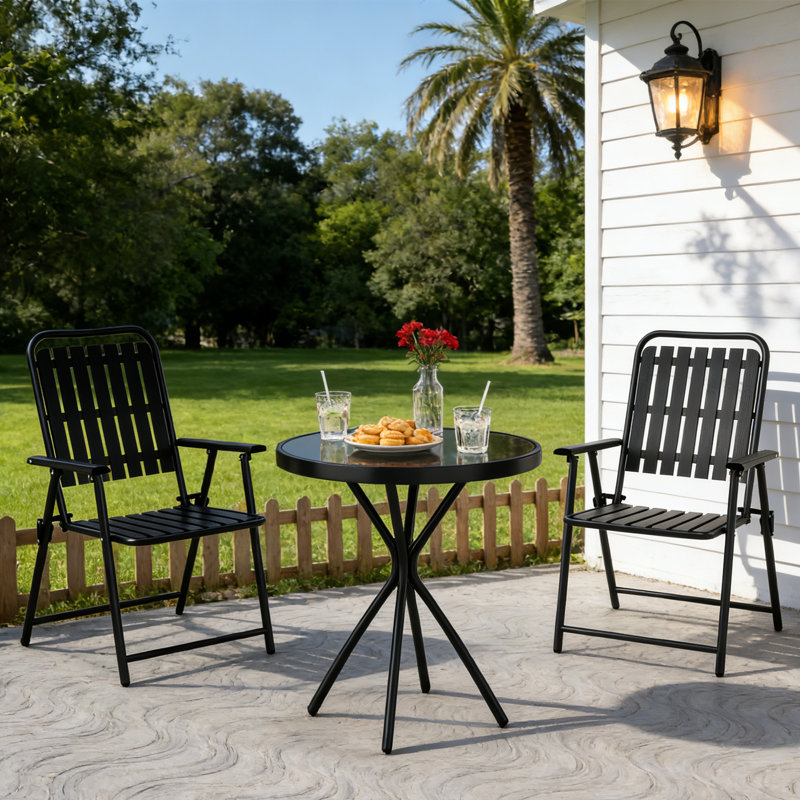 3-Piece Folding Bistro Set With Round Tempered Glass Table,2-Person Metal Outdoor Patio Dining Set, Black