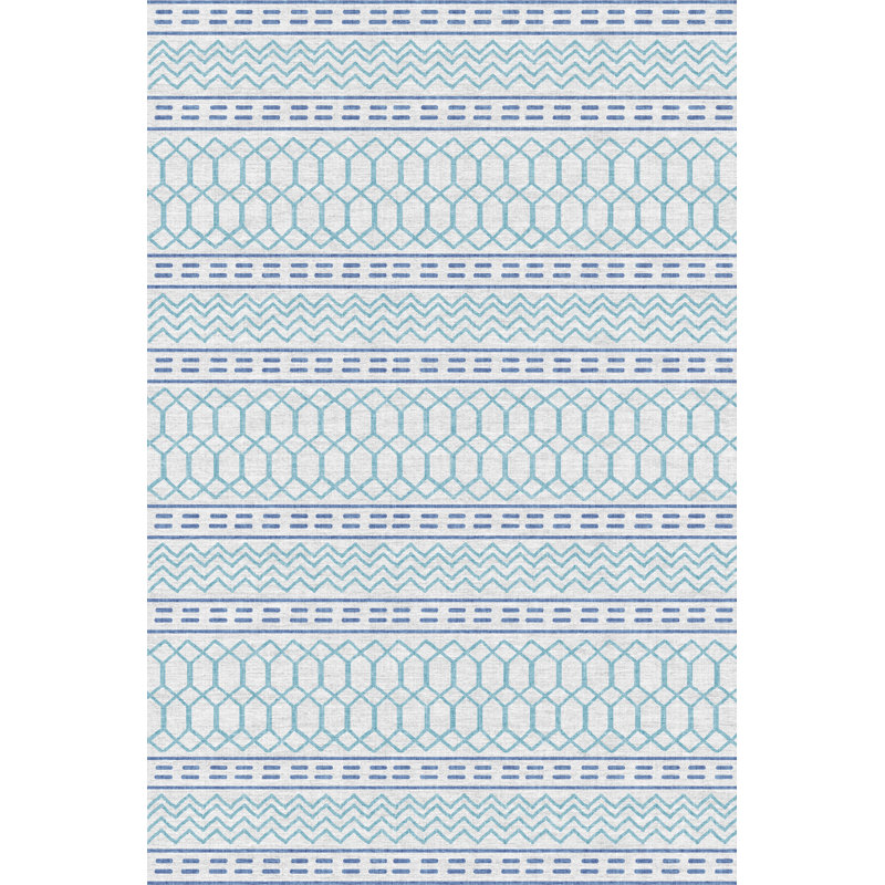 Blue-Themed Line Geometric Shape Patterned Modern Decorative Rug, Rectangle 4'11.06" x 9'10.11"