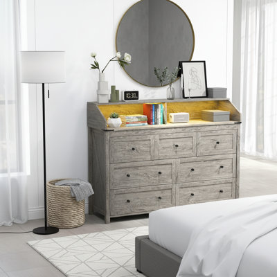 Rustic Grey 7 - Drawer Dresser With Led Lights And Charging Station