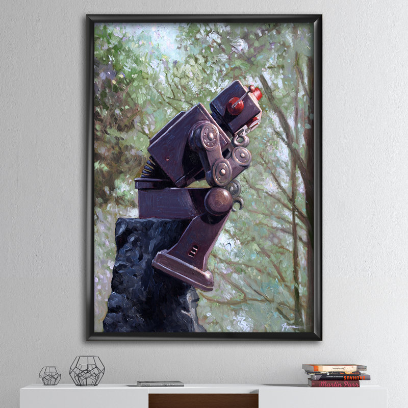 «Robot Th pensant dans les bois», reproduction d'art sur toile encadrée, H 46 po x l 36 po x P 1,5 po, Cadre noir