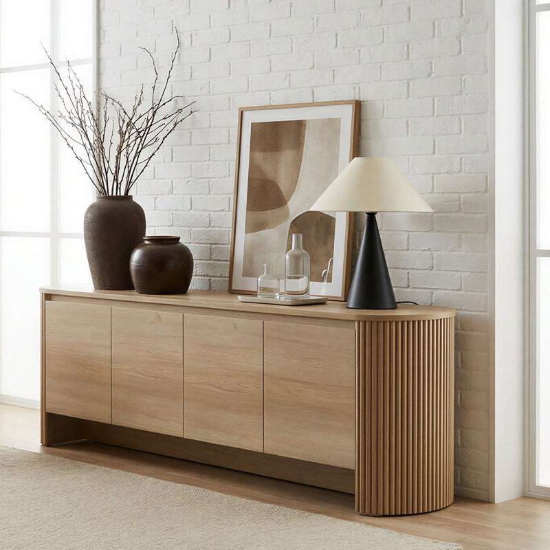 Cove Fluted 70.8" TV Stand for TVs up to 85", Entertainment Center With 4 Storage Cabinets, Blonde Oak