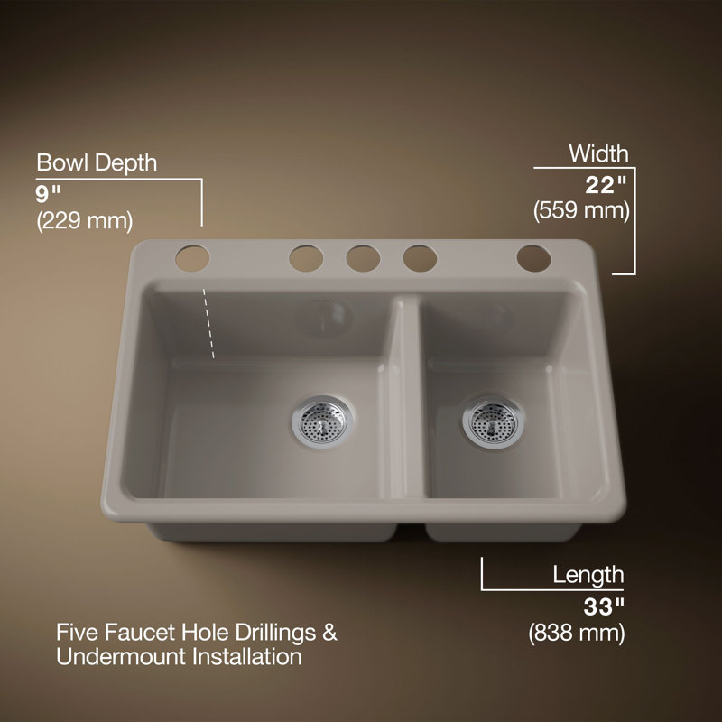 Riverby 33" Enameled Cast Iron Undermount Double Basin Kitchen Sink, Truffle