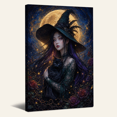 Art sur toile, sorcière tenant un chat noir sous la pleine lune d'Halloween