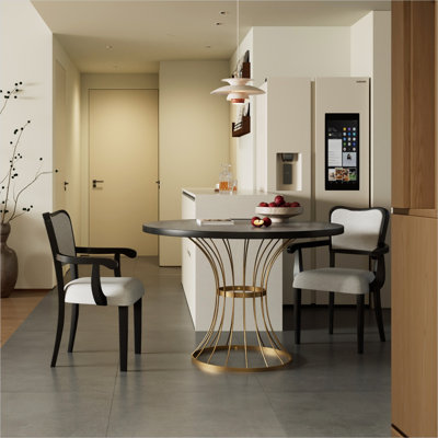 Ensemble de salle à manger rond 3 pièces avec table en chêne foncé de 42 pouces, 2 chaises beiges et finition dorée - style rustique moderne pour les petits espaces