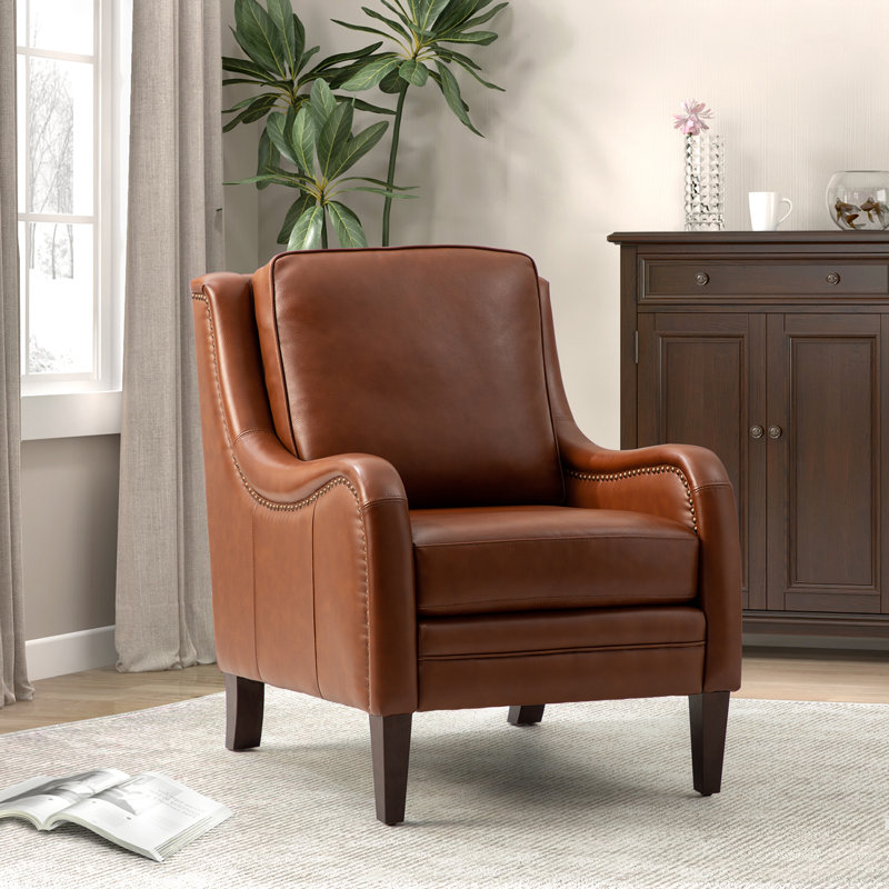 Amberlie 27.56" Wide Genuine Leather Armchair, Brown Genuine Leather