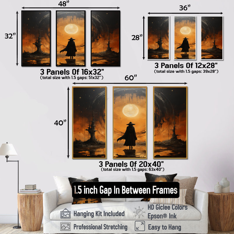 «Charcoal Charm - Witches», ensemble de reproduction d'art mural, Cadre flottant doré, H 40 po x l 60 po x P 1 po