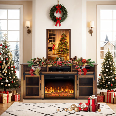 58" Farmhouse TV Stand for TVs up to 65" with 23" Electric Fireplace and Barn Doors