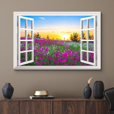 «Window Scenery Sunrise over the Blossom Flowers», reproduction sur toile tendue