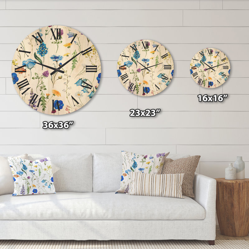 Blue Wild Flowers - Horloge murale traditionnelle en bois, Moyen