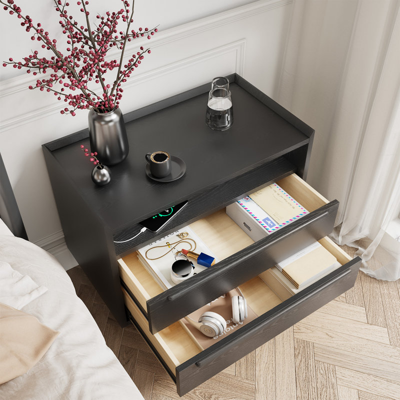 Table de chevet 2 tiroirs Mid-Century avec prises, Noir