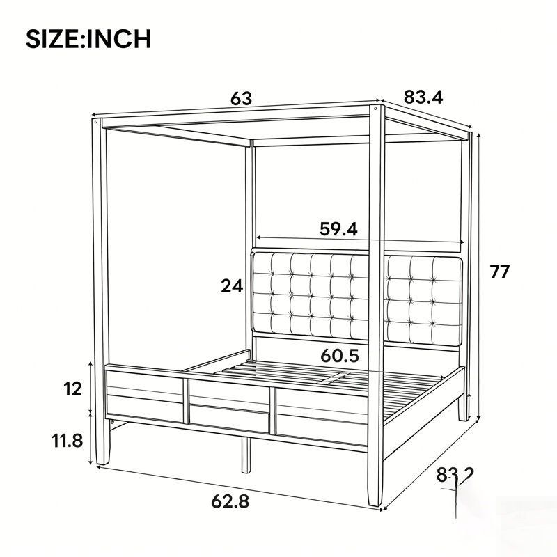 Lit plateforme à baldaquin en bois avec tête de lit tapissier, sans sommier tapissier, design élégant et robuste, Grand lit