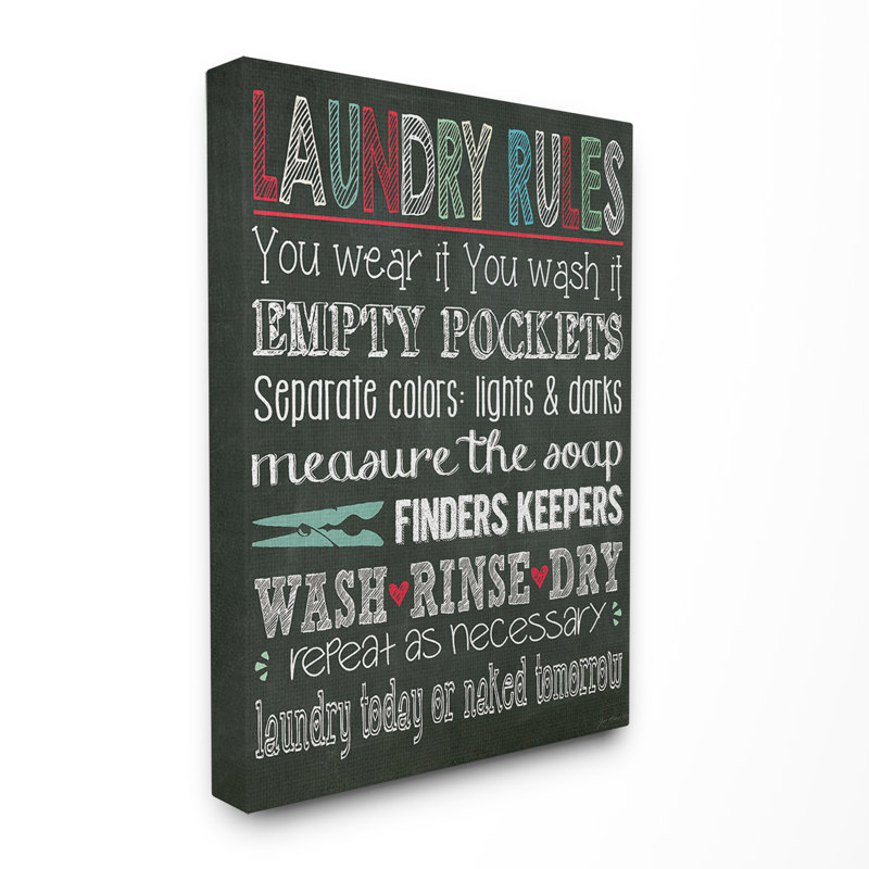 Règles de lessive par jo moulton-impression de typographie sur bois, Toile tendue, H 20 po x l 16 po x P 1,5 po