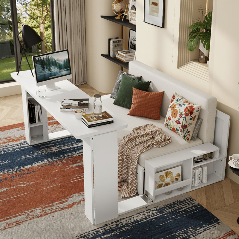 Full Size Wood Daybed with Removable Desk and Hydraulic Side Tables - 76" Wide Storage Frame with Drawers - White, White