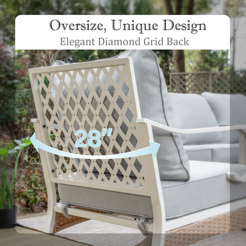7 Person Outdoor Patio Conversation Set With Fire Pit Table, Rocking Lounge Chairs, & Loveseat, White/Gray/Brown