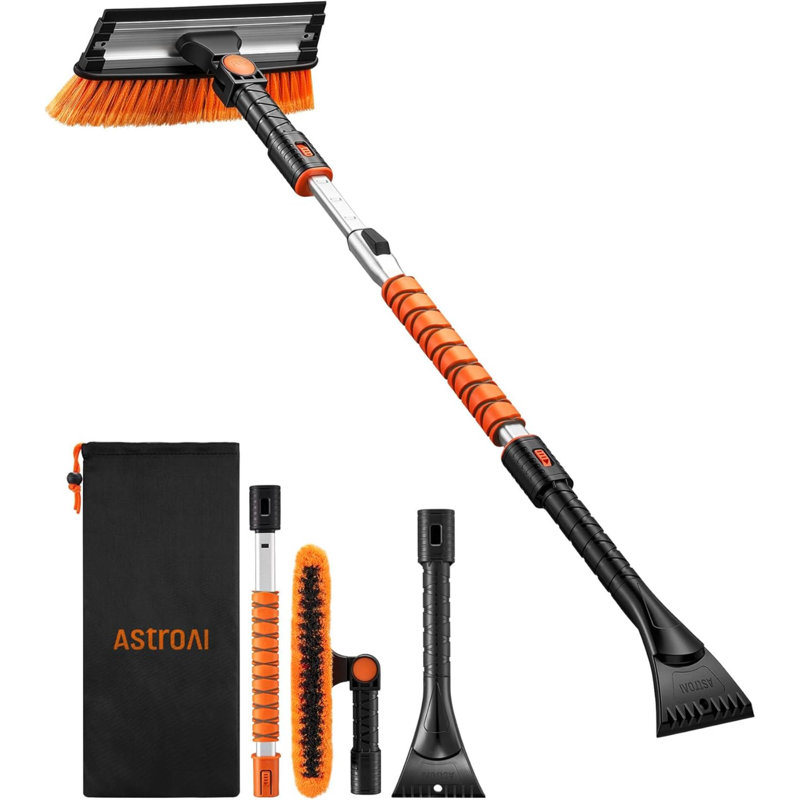 47.2" Ice Scrapers For Car Windshield, 3 In 1 Sturdy Snow Brush With Squeegee, 10 Adjustable  Settings, Extendable Aluminum Handle, 180° Pivoting Snow Scraper For Car, Truck, SUV