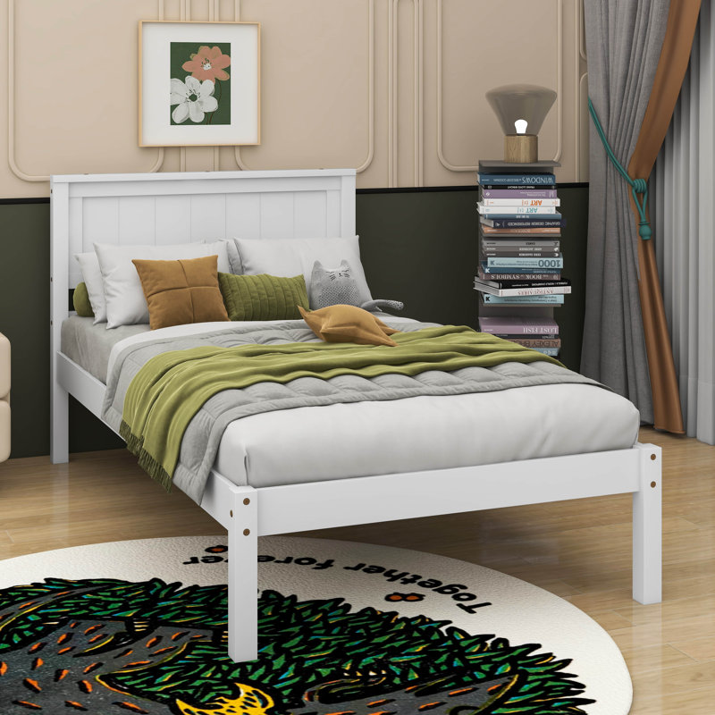 Twin Size Platform Bed Frame With Headboard, White