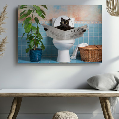 Chat noir lisant un journal sur une salle de bain humoristique, reproduction d'art sur toile pour le salon, la chambre à coucher, le bureau, le couloir, le vestibule, le mur de la galerie et la décoration intérieure moderne
