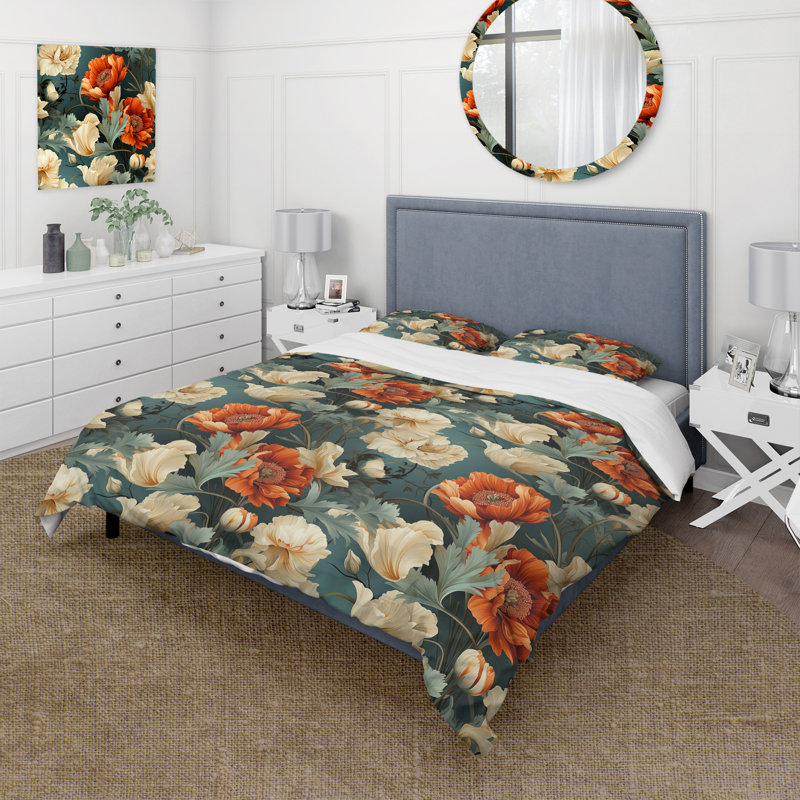 Ensemble de housse de couette Coral and Beige Poppy Bliss Meadow I - Floral