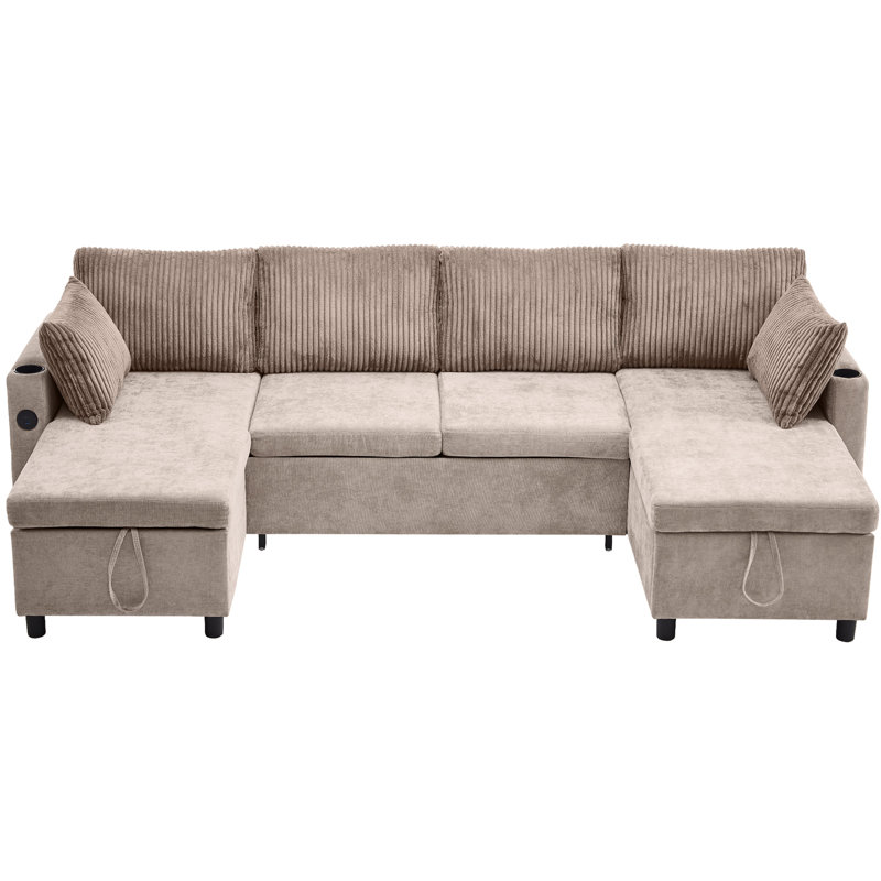113.4" Sectional Sofa Pull-Out Sofa Bed Versatile Sofa Sleeper With Large Storage Space, Two USB Ports And Two Cup Holders For Living Room