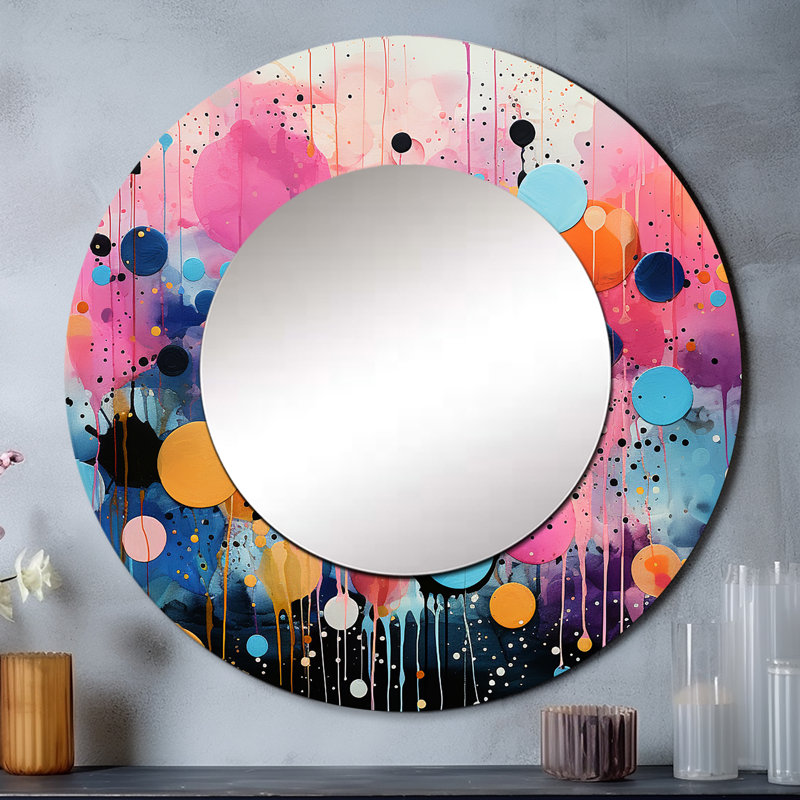 Neon Assemblage I - Abstract Collages Wall Mirror, Pink Round Decorative Mirror, Printed Metal Art, 36" x 36"